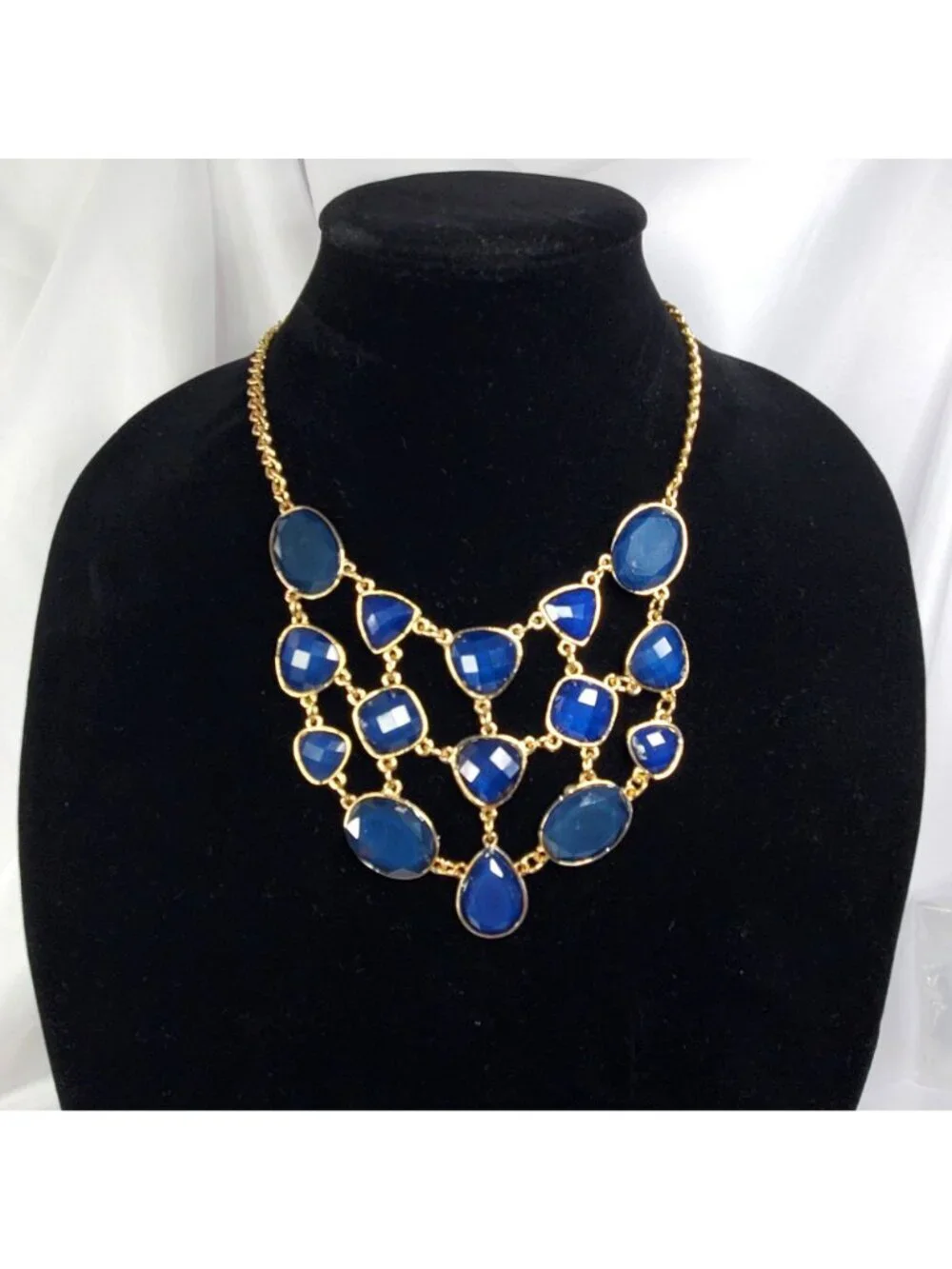 Gold-Tone Bib Necklace With Blue Plastic Faceted Stones Statement Jewelry
